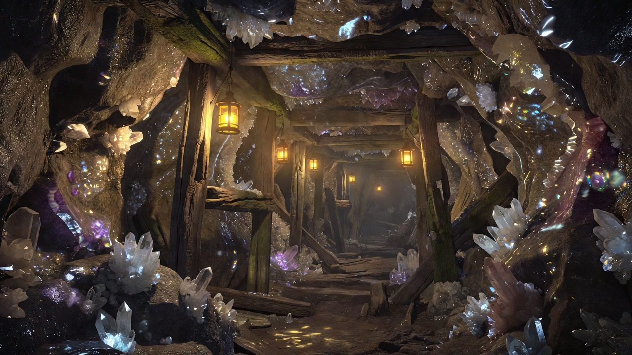 Deep old-fashioned mine cavern glowing with amber lanterns and crystalline mineral structures